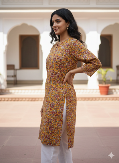 Musturd floral cotton printed short kurti