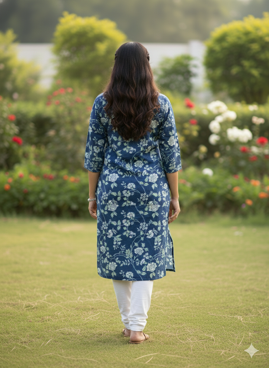 Blue cotton floral printed short kurti