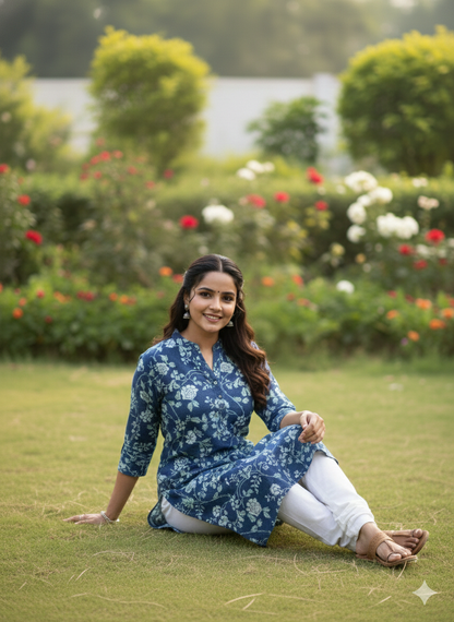 Blue cotton floral printed short kurti