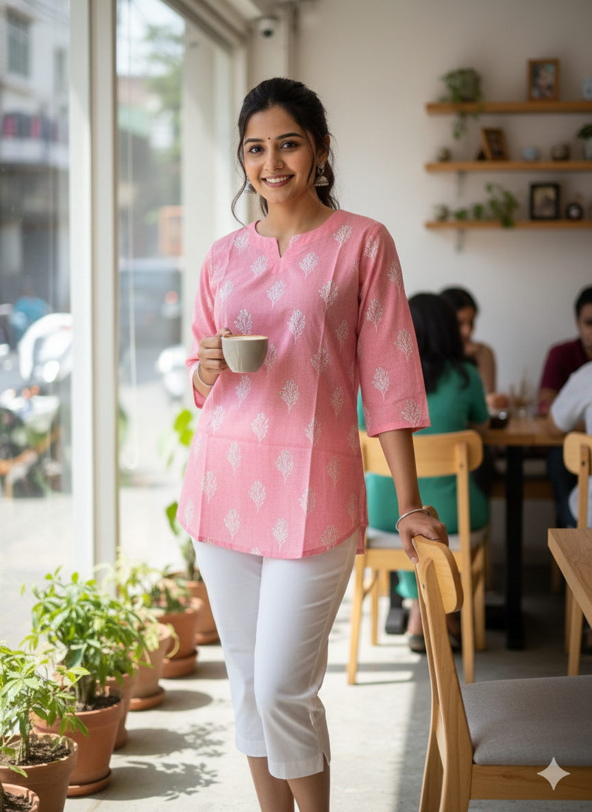 Pink floral printed short kurti