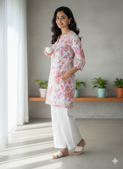 White pink floral printed short kurti