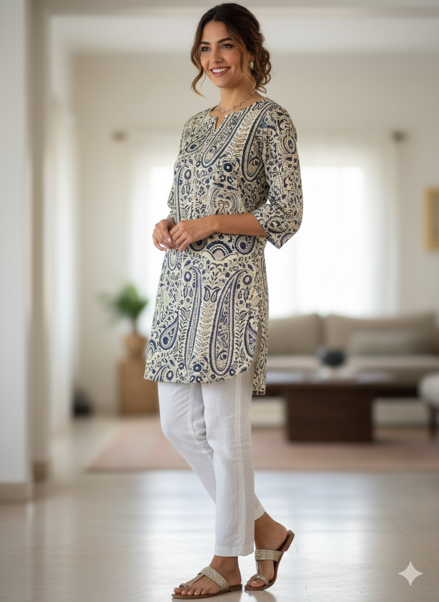 Geometric printed off white short kurti