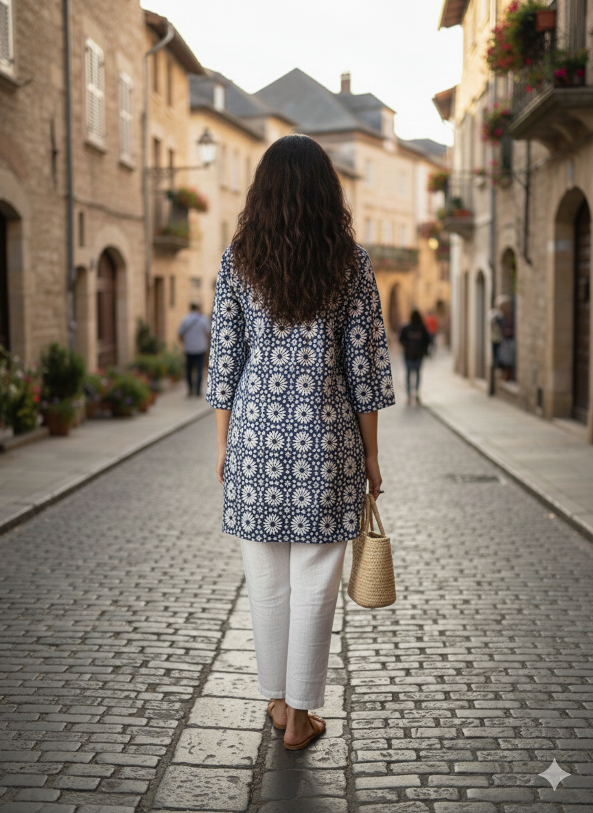 Blue Printed cotton short kurti
