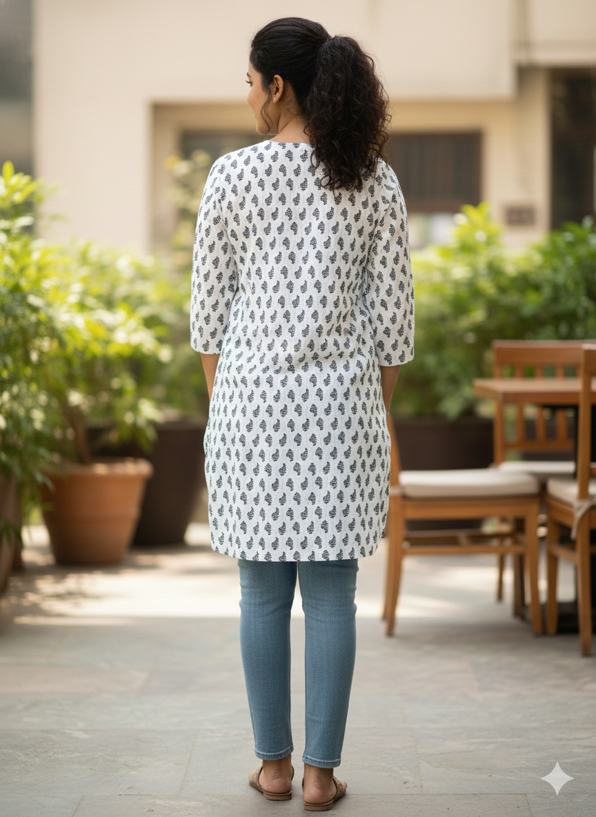 Black printed white short kurti