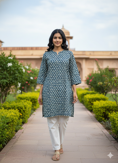 Blue printed cotton kurti