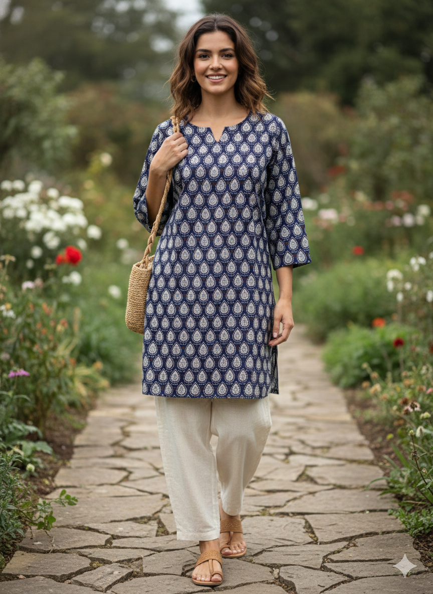 Blue floral printed short kurti