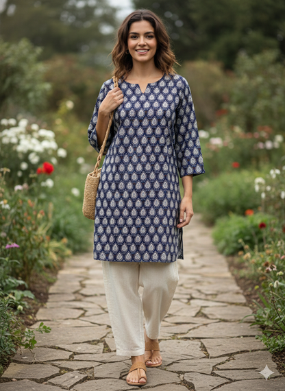 Blue floral printed short kurti