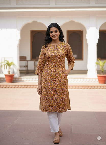 Musturd floral cotton printed short kurti