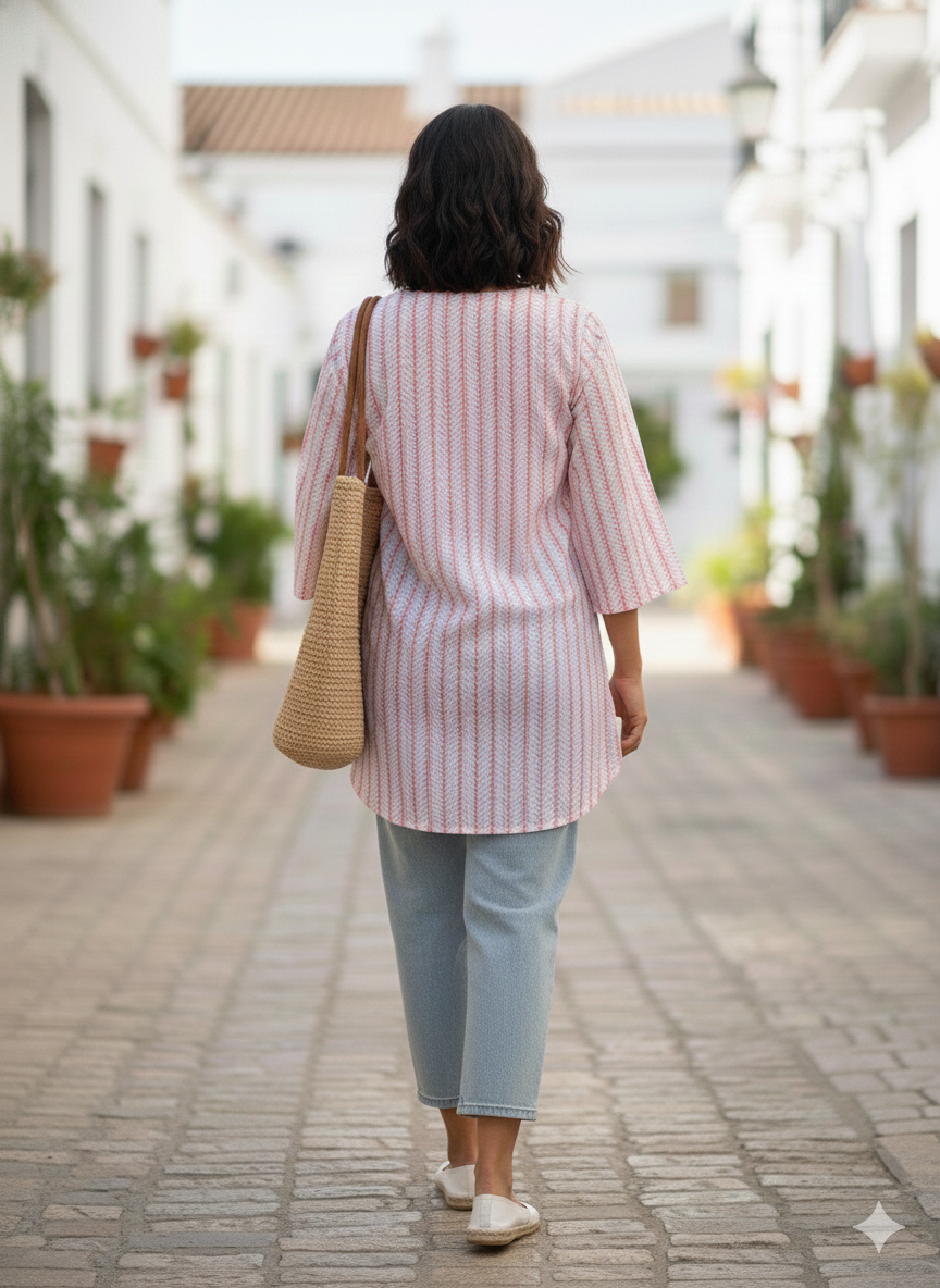 Pink printed cotton short kurti
