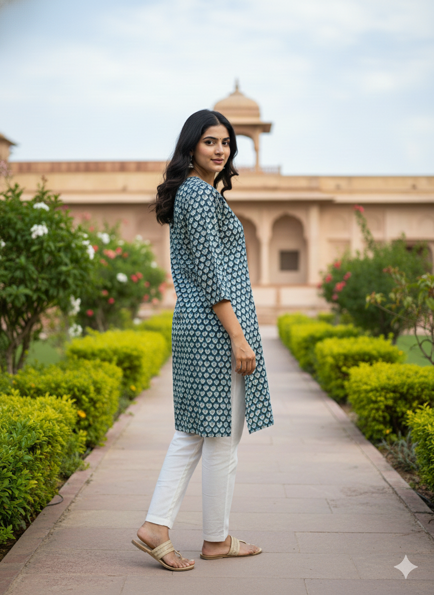 Blue printed cotton kurti
