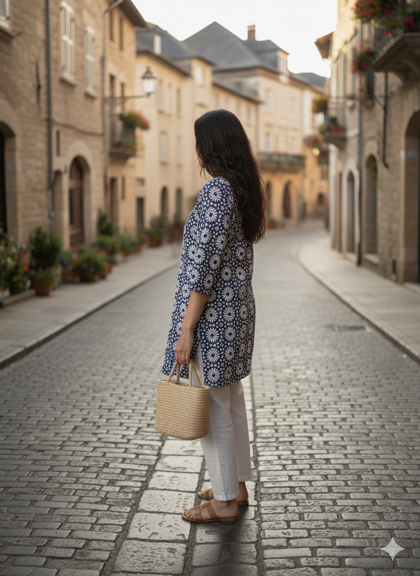 Blue Printed cotton short kurti