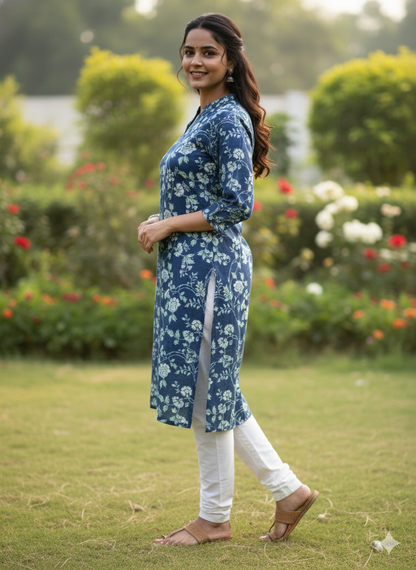 Blue cotton floral printed short kurti