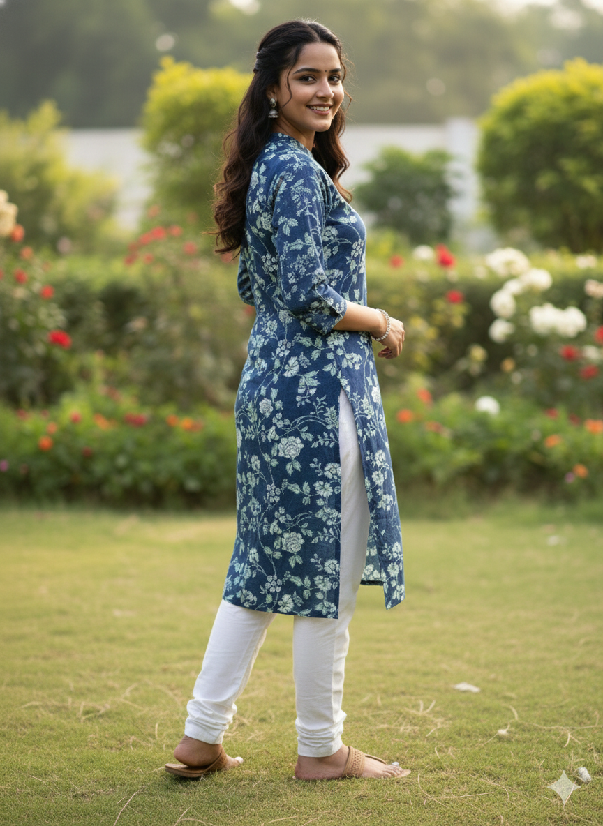 Blue cotton floral printed short kurti