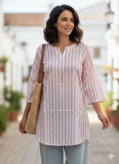 Pink printed cotton short kurti