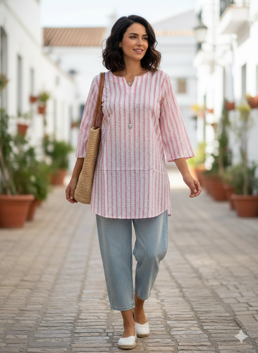 Pink printed cotton short kurti