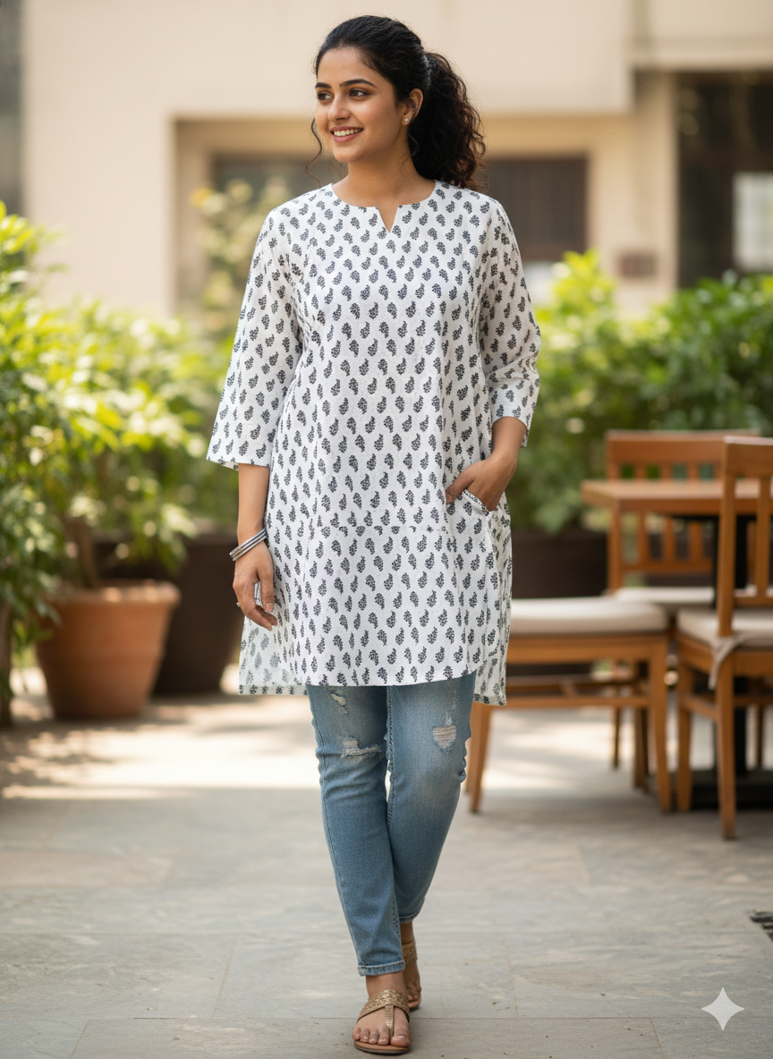 Black printed white short kurti