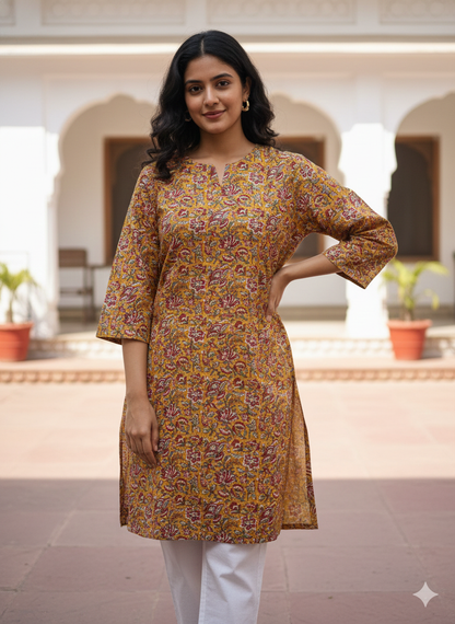 Musturd floral cotton printed short kurti