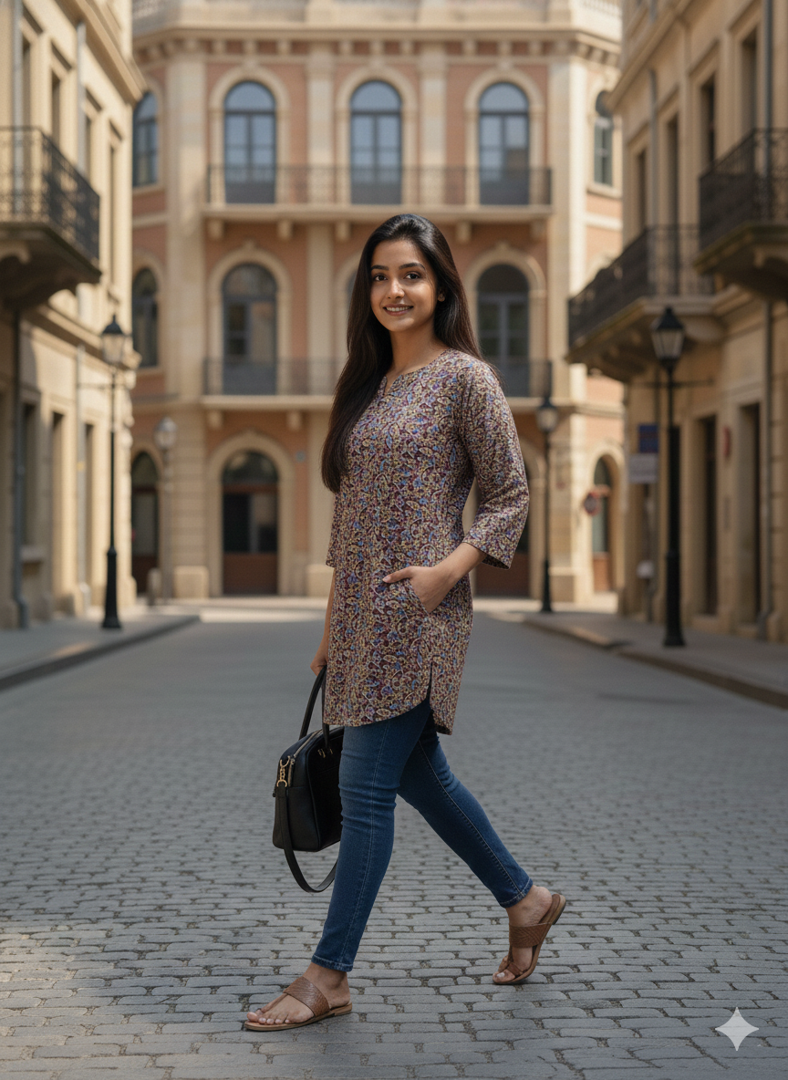 Maroon Floral printed short kurti