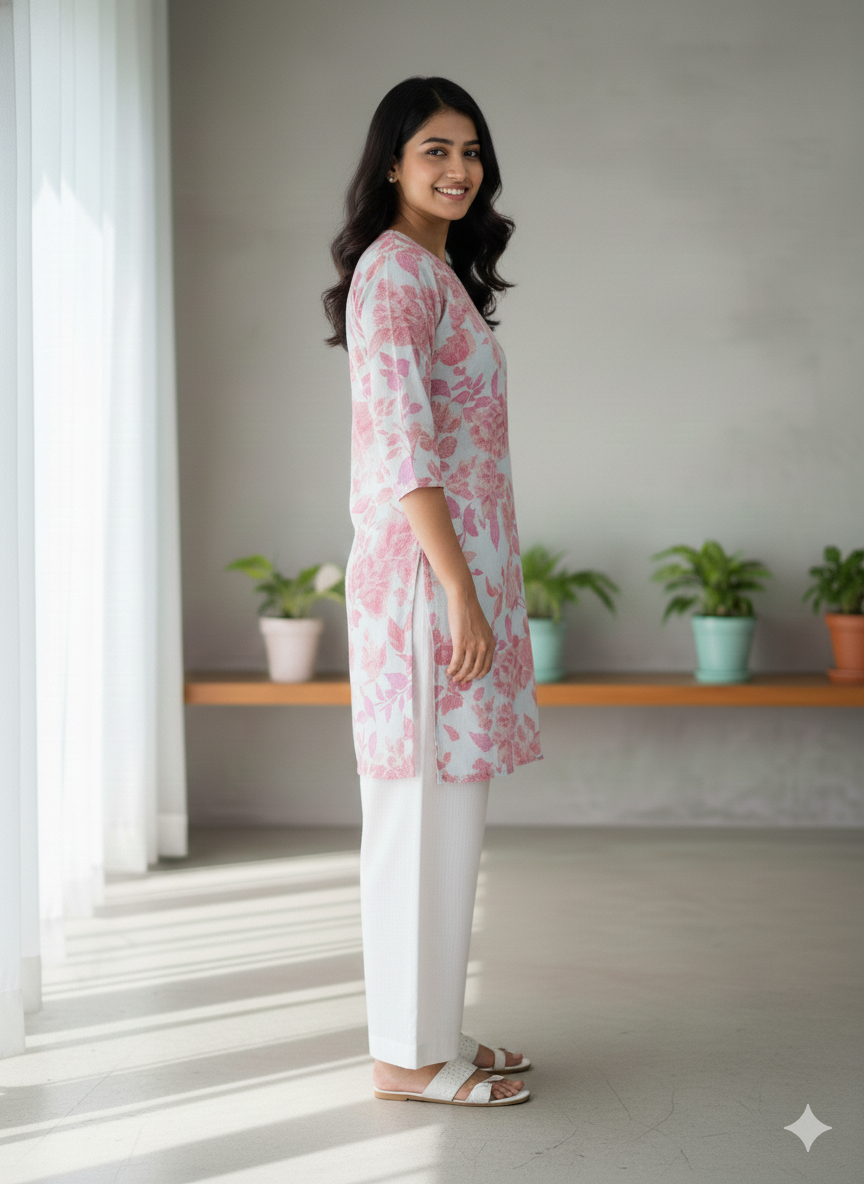 White pink floral printed short kurti