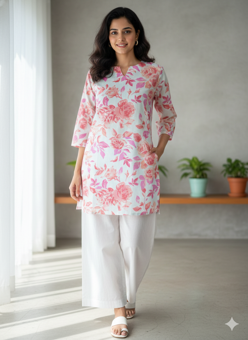 White pink floral printed short kurti