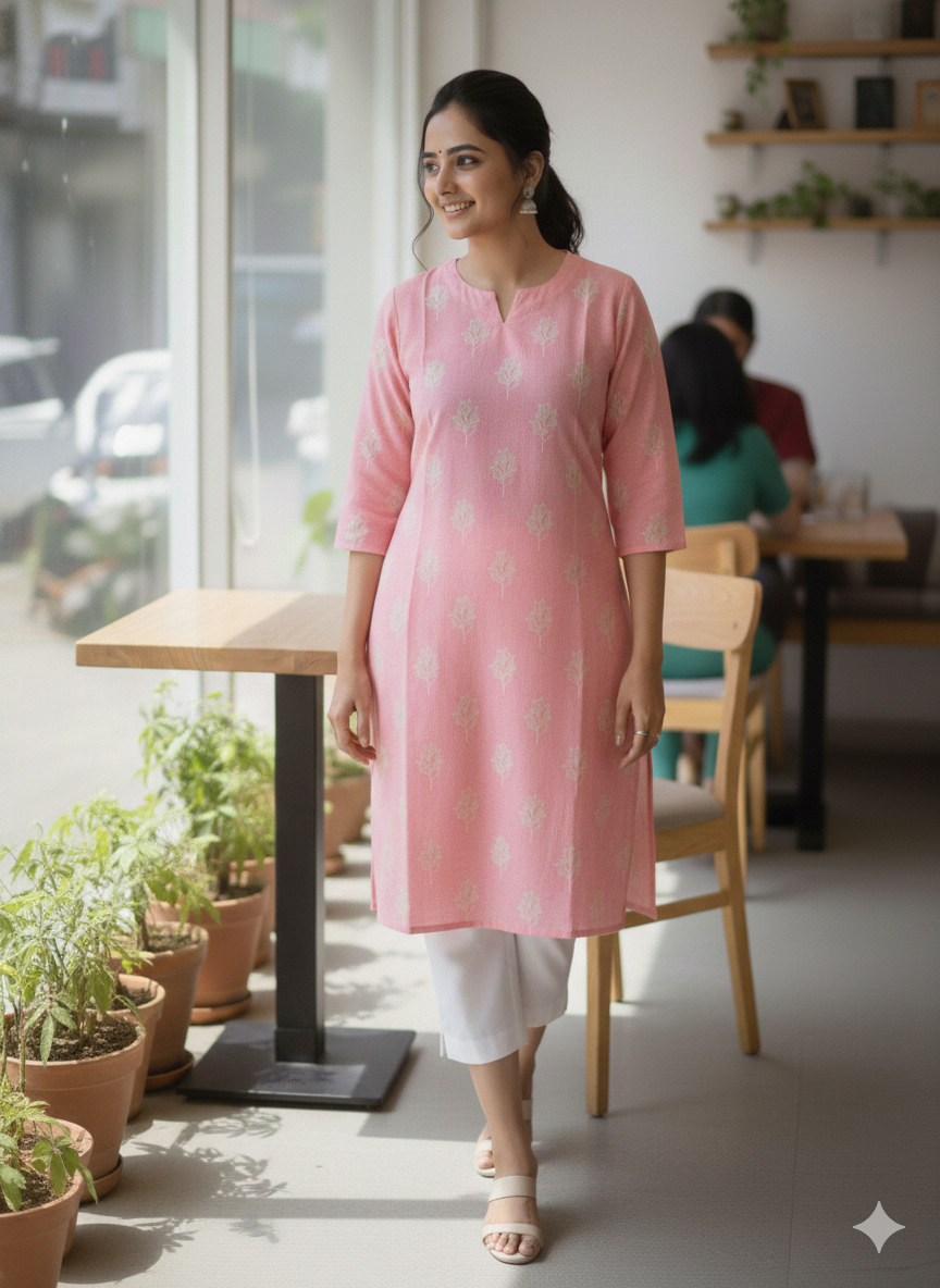 Pink floral printed short kurti