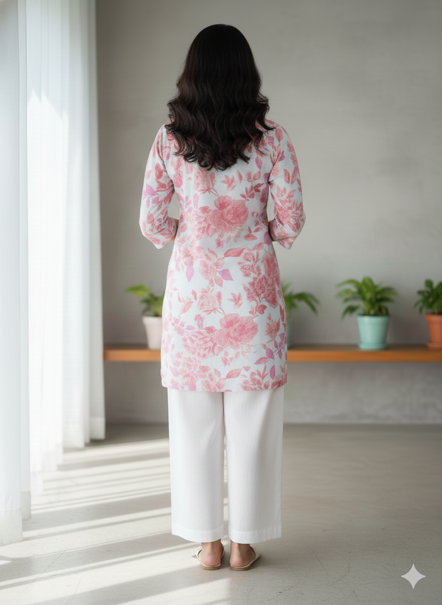 White pink floral printed short kurti