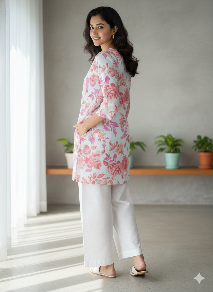 White pink floral printed short kurti