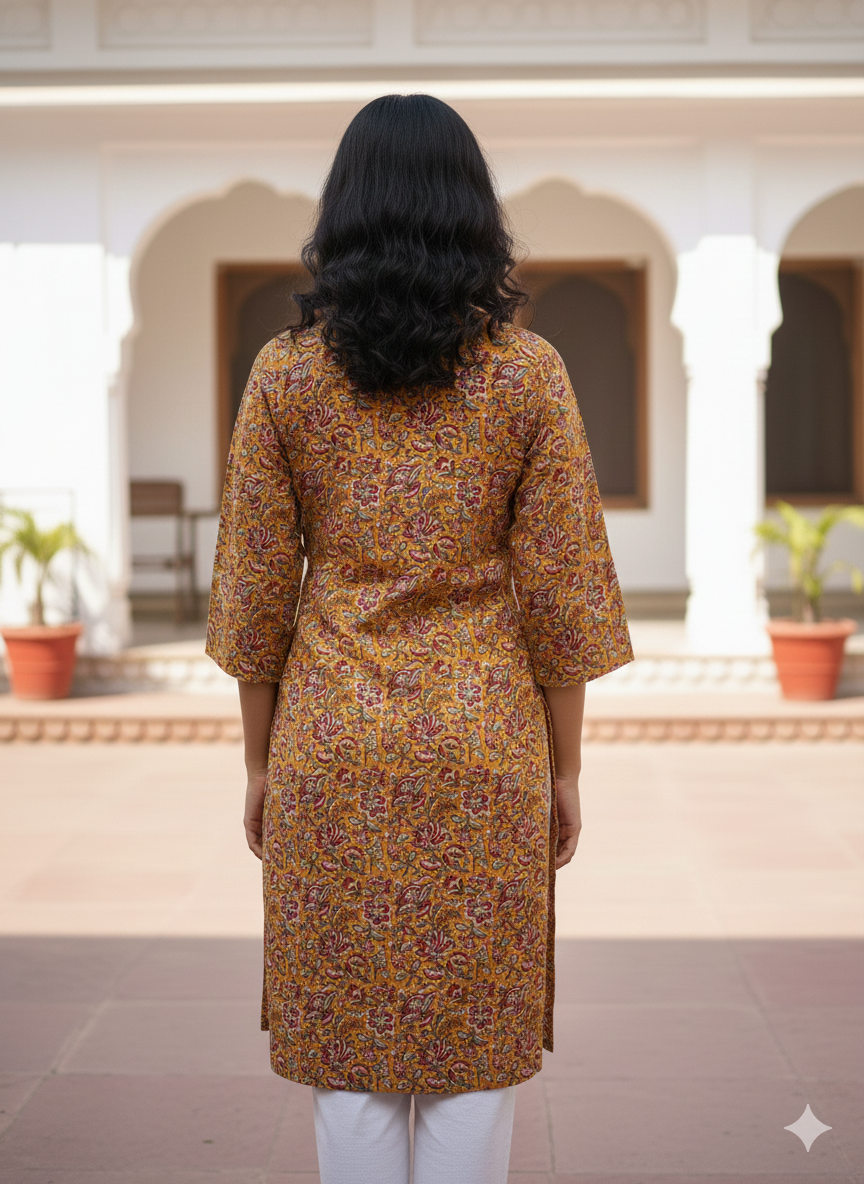 Musturd floral cotton printed short kurti