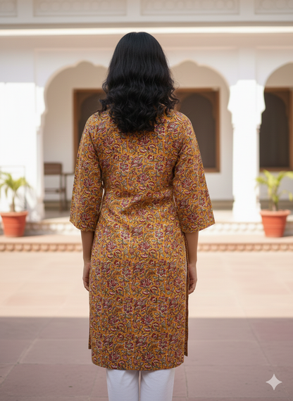 Musturd floral cotton printed short kurti