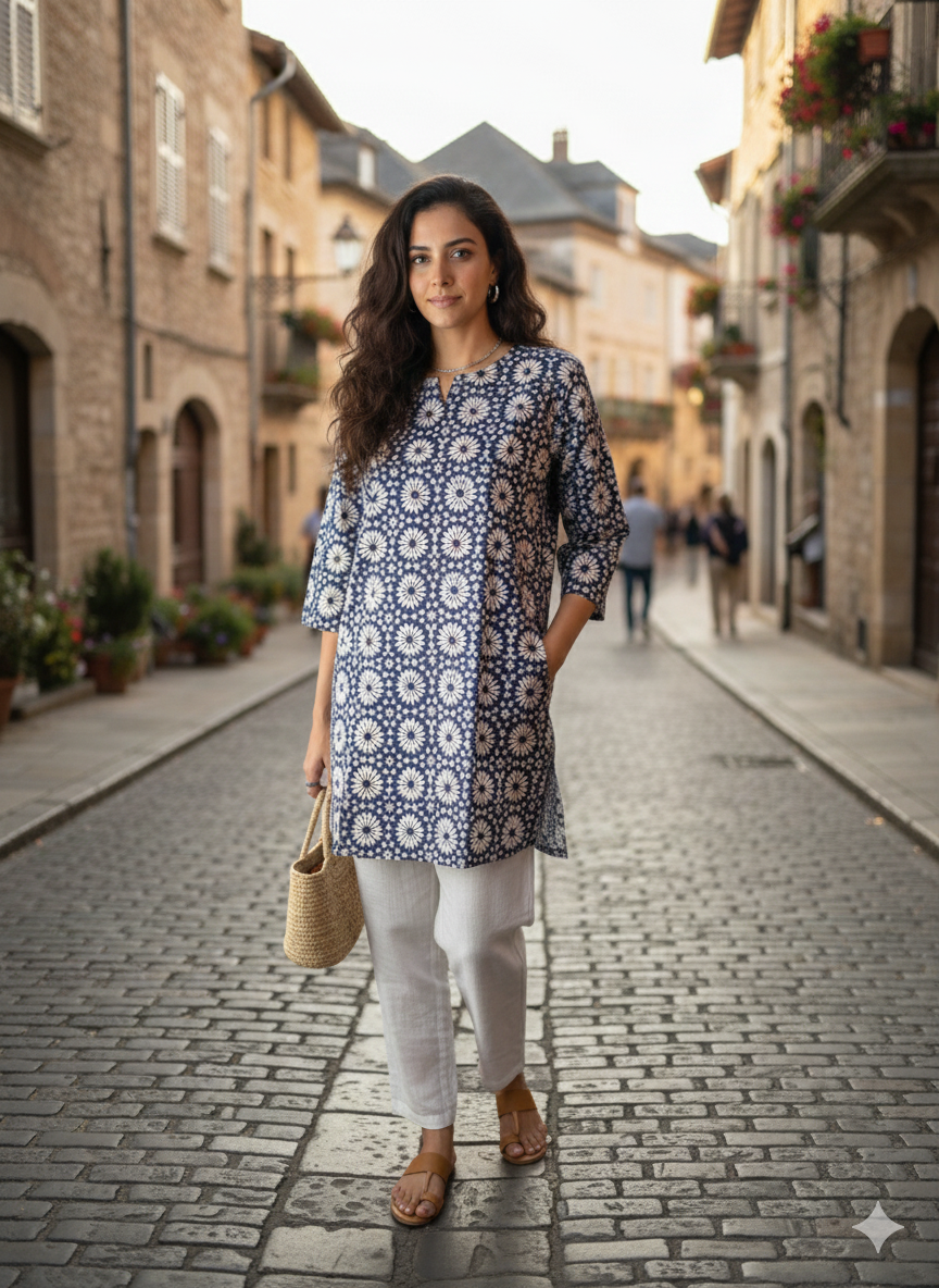 Blue Printed cotton short kurti