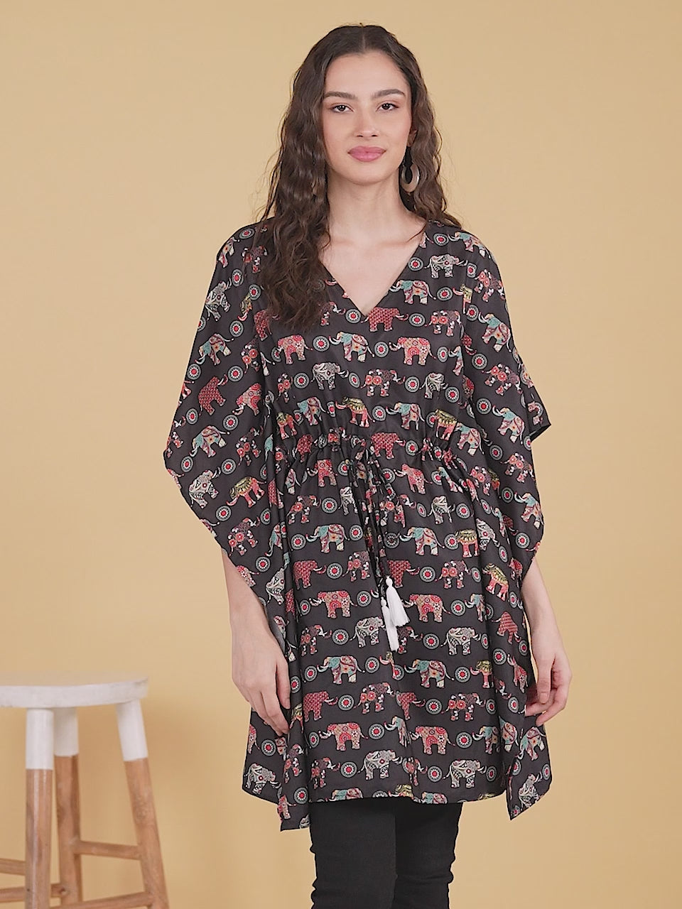 Ethnic Motifs Printed Black Kaftan With Tassel Details