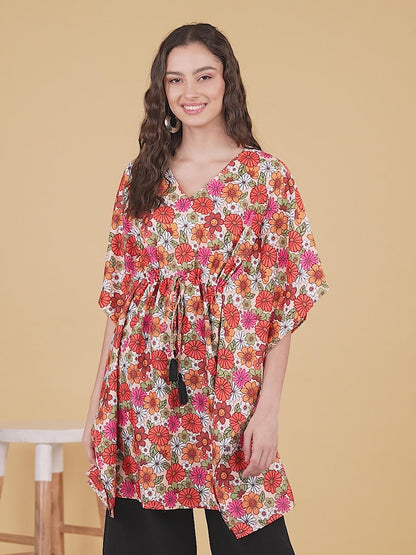 Multi Color Printed Kaftan Kurta With Tassel Details