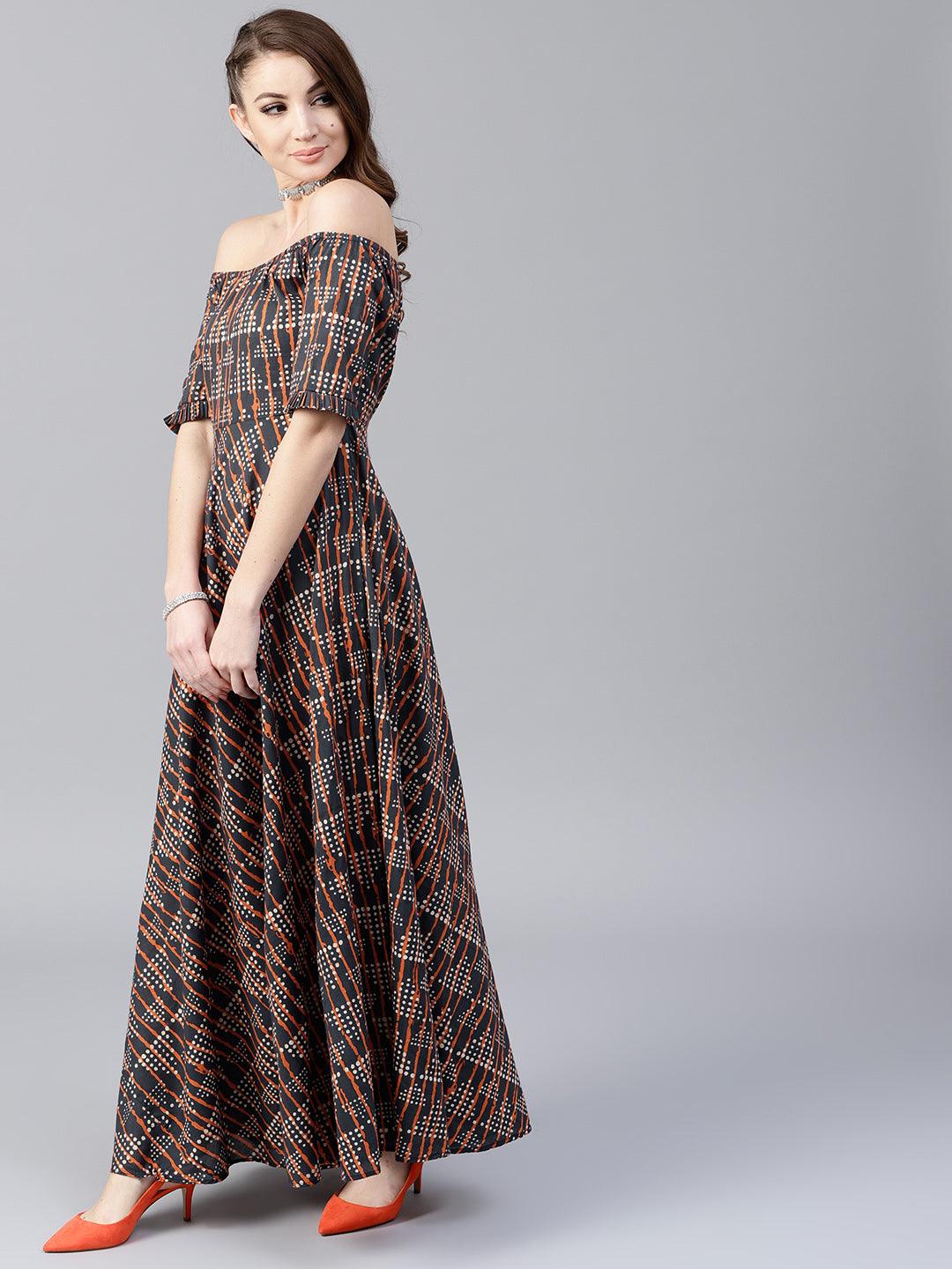 Navy Blue &amp; Orange Printed Off Shoulder Flared Maxi (Fully Stitched) - Znxclothing
