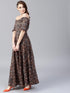 Navy Blue & Orange Printed Off Shoulder Flared Maxi (Fully Stitched) - Znxclothing