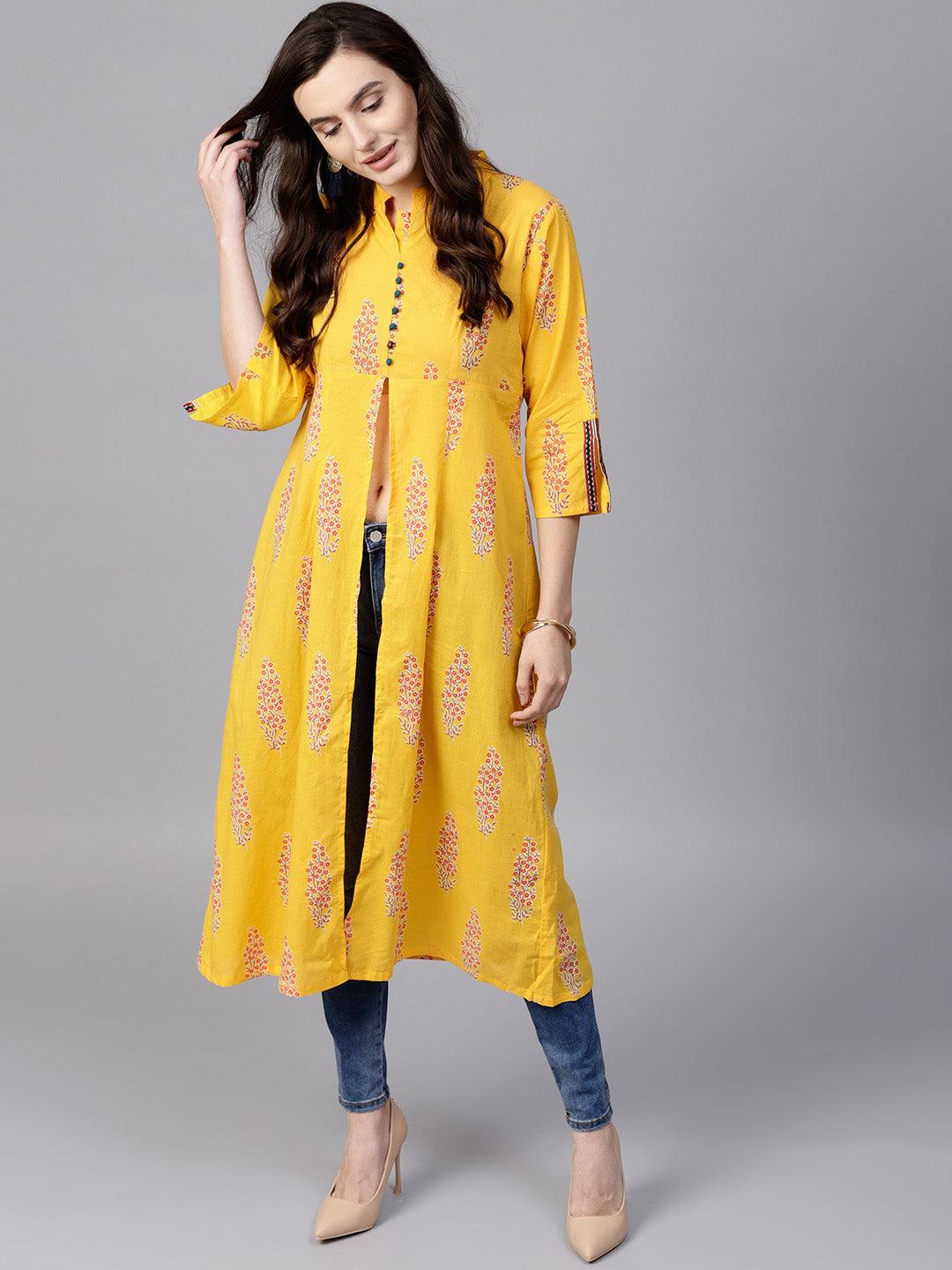 Yellow Printed High Slit A-Line Kurta - Znxclothing