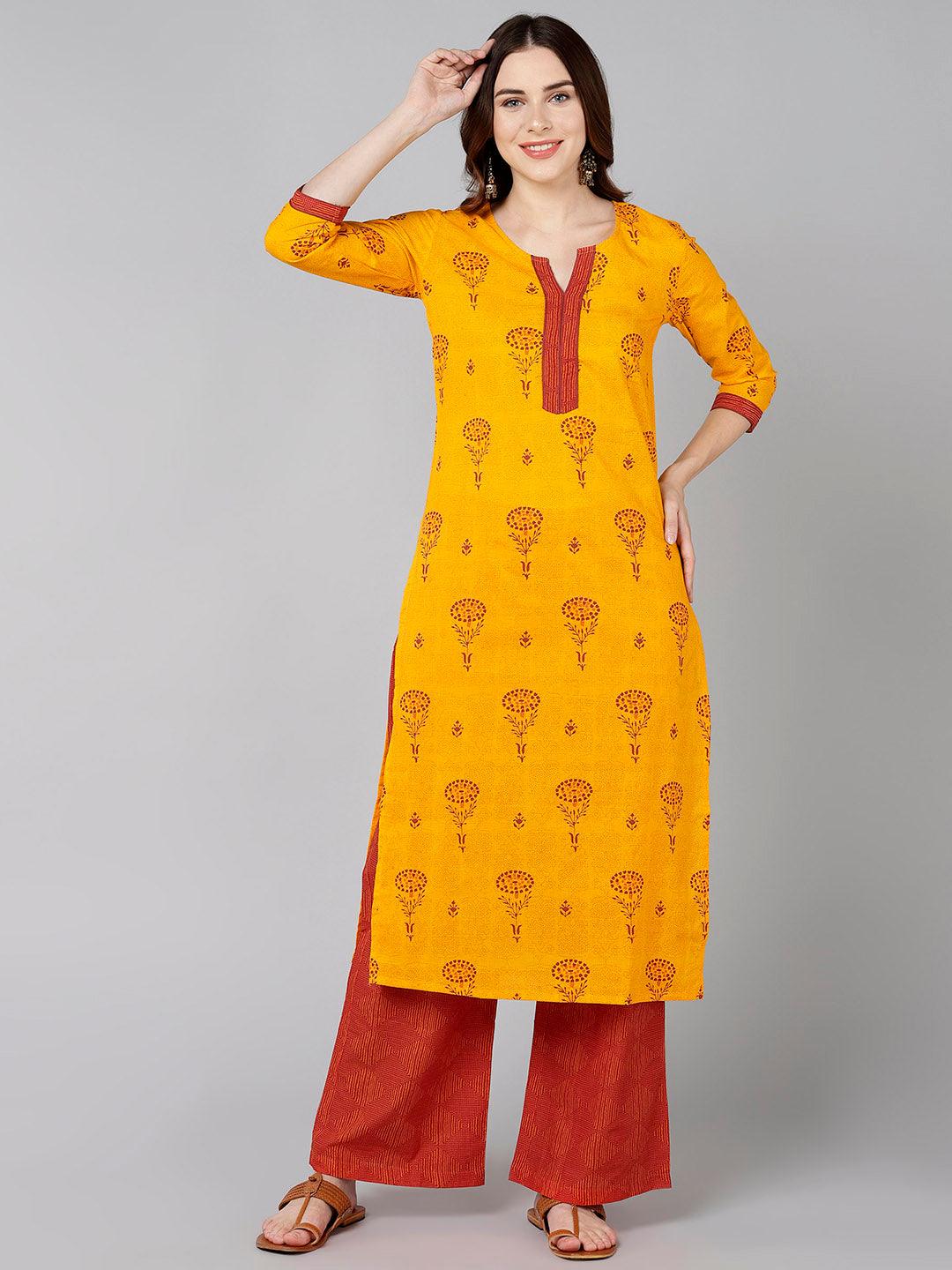 Red Floral Printed Yellow Kurta With Palazzo - Znxclothing