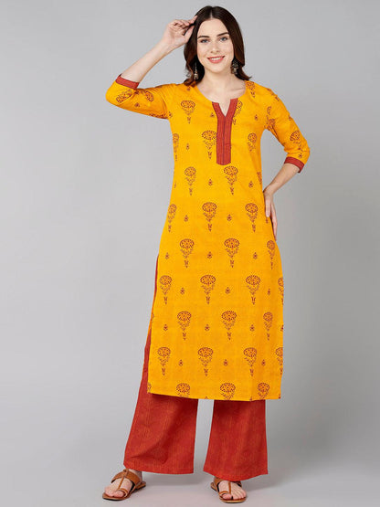 Red Floral Printed Yellow Kurta With Palazzo - Znxclothing