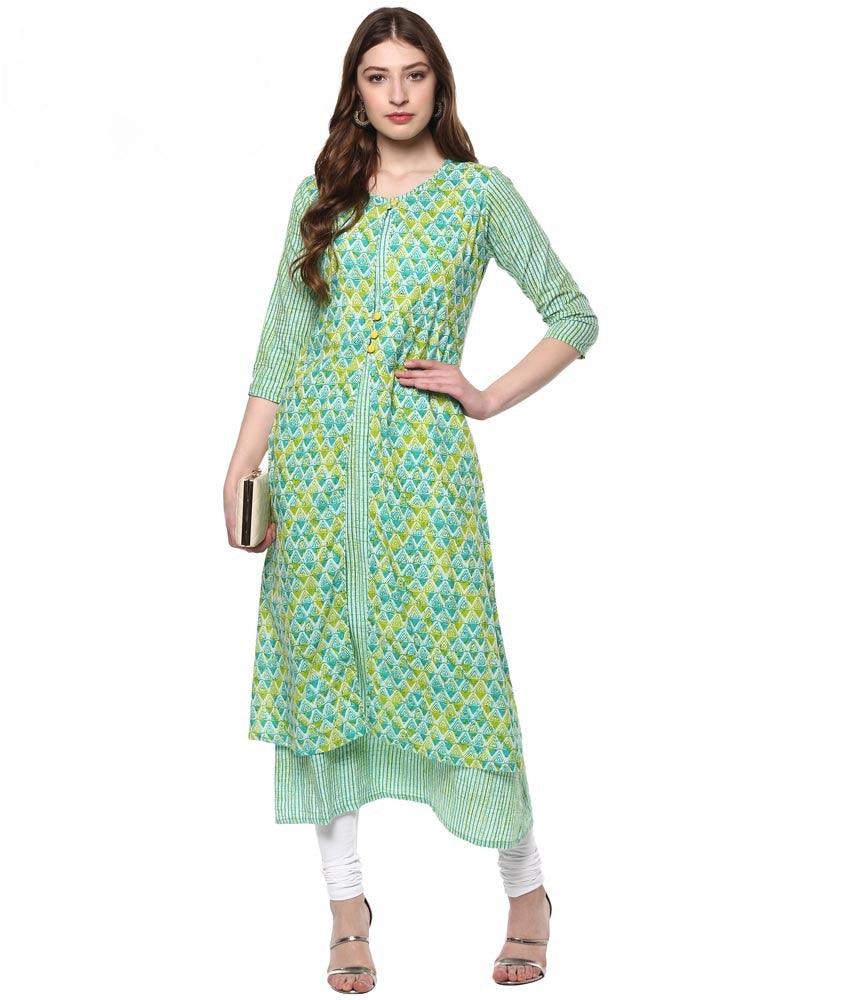 Multicolour Embellished Cotton A-Line Kurti - Znxclothing