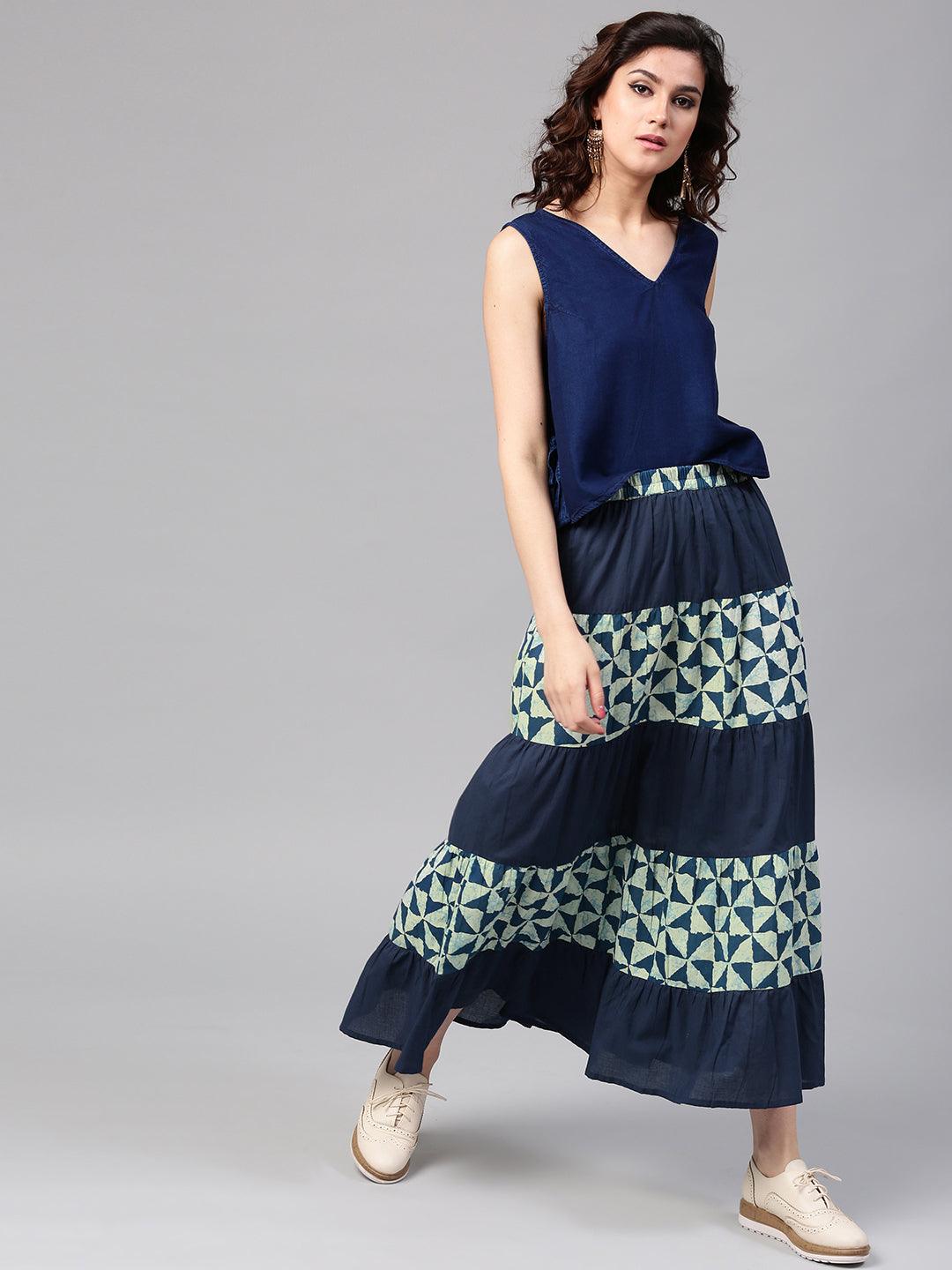 Navy Blue Printed Tiered Skirt - Znxclothing