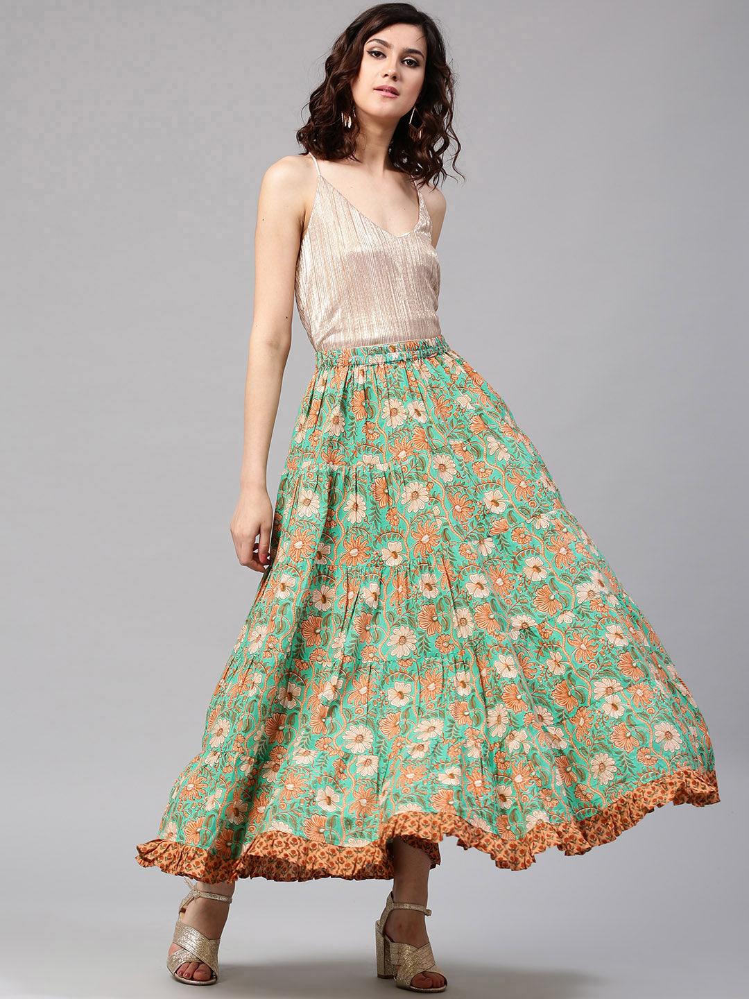 Green Floral Pastel Printed Flared Skirt With Frill Hemline - Znxclothing