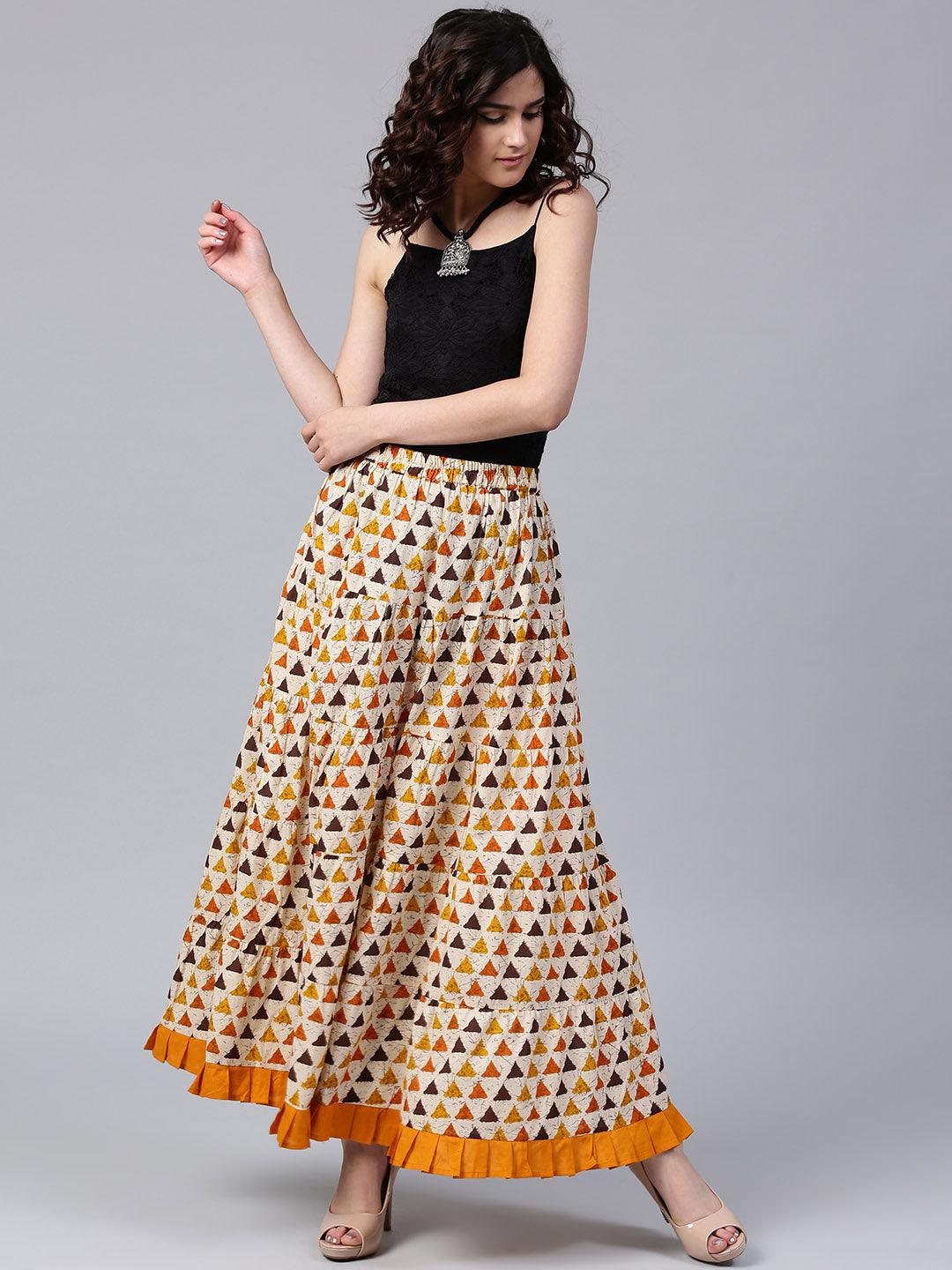 Cream &amp; Yellow Geometrical Printed Tiered Skirt - Znxclothing
