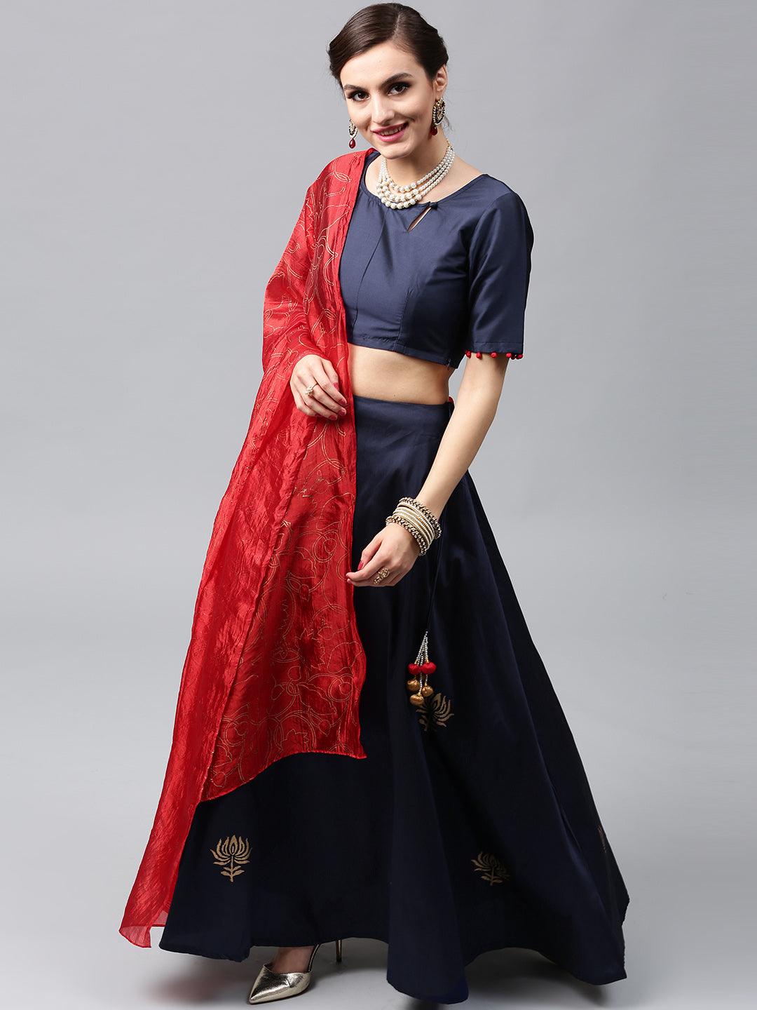 Sapphire Blue Hand Block Printed Lehenga Choli With Dupatta (Fully Stitched) - Znxclothing