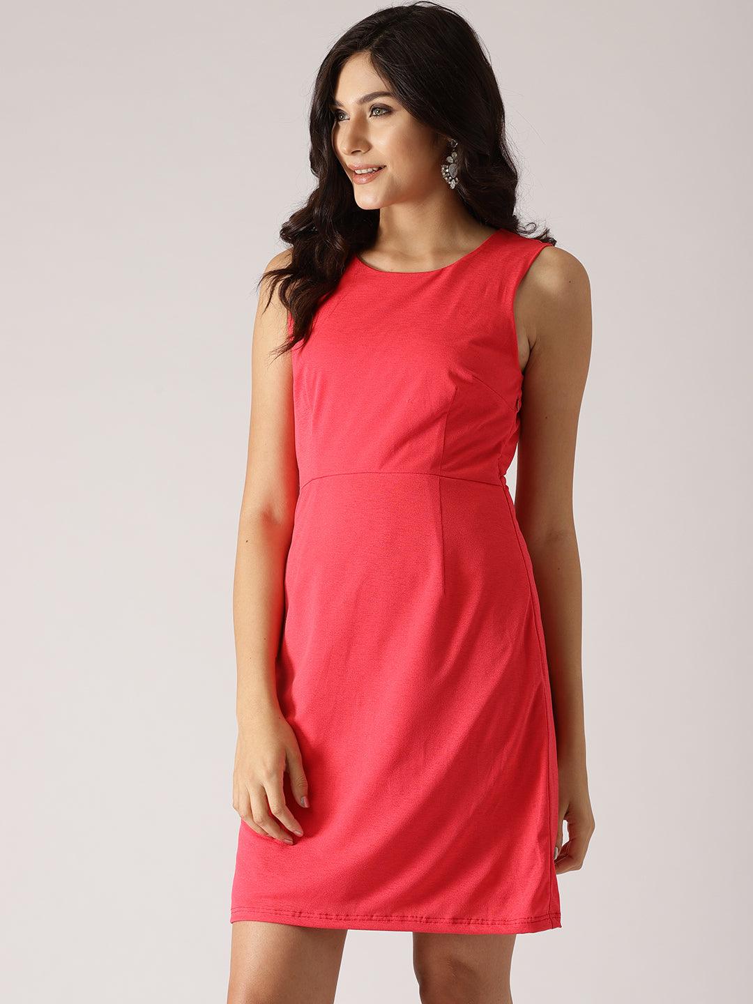 Coral Orange Solid Sheath Dress (Fully Stitched) - Znxclothing