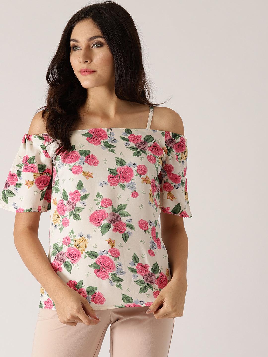 Off-White &amp; Pink Printed Bardot Top - Znxclothing