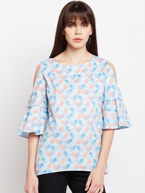 Women Mint Blue and Pink Cold Shoulder Top - Znxclothing