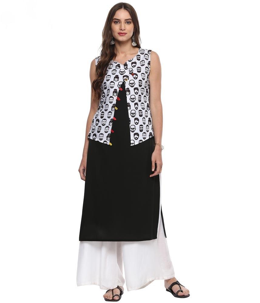 Black Printed Crepe Straight Kurti - Znxclothing