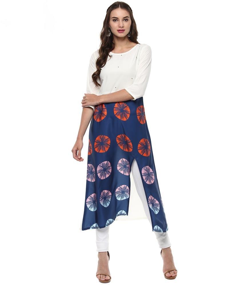 Blue Printed Crepe Front Slit Kurti - Znxclothing