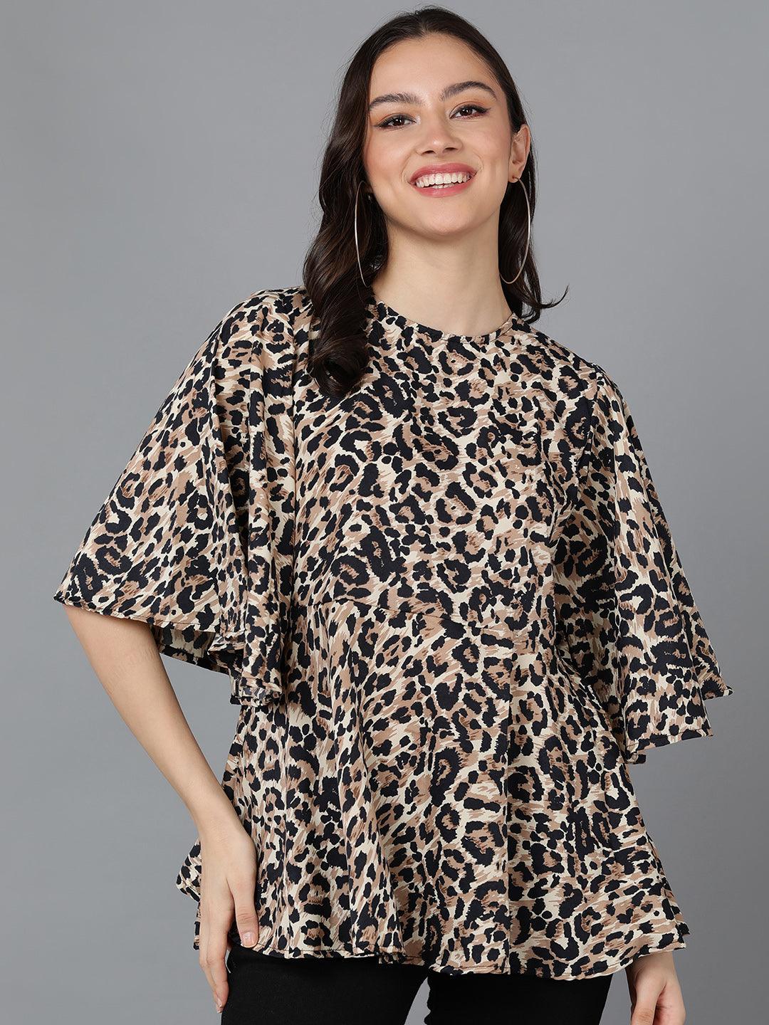 Beige Animal Printed Top With Flared Sleeve - Znxclothing