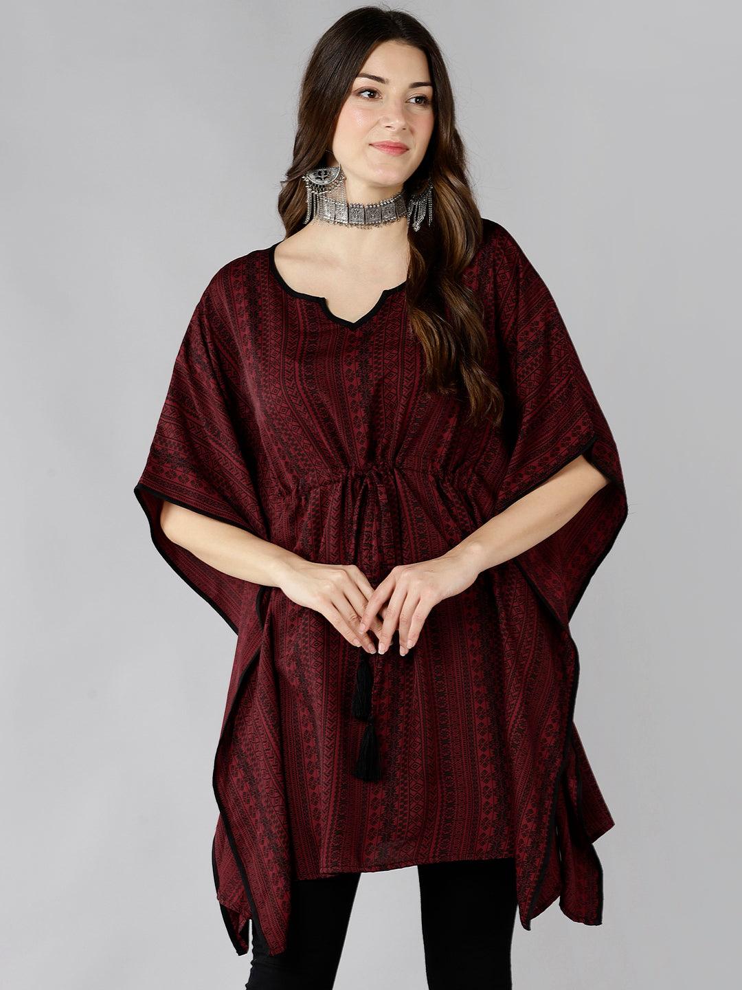 Znx Women Maroon Black Printed Kaftan Kurti - Znxclothing