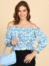 Sky Blue Floral Printed Bardot Top - Znxclothing